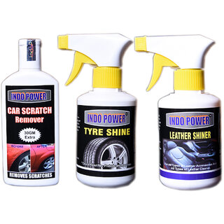 Indo Power Tyre Shiner Gun 250Ml.+Scratch Remover 100Gm.+ Leather Shiner Gun 250Ml. Indo Power Tyre Shiner Gun 250Ml.+Scratch Remover 100Gm.+ Leather Shiner Gun 250Ml.