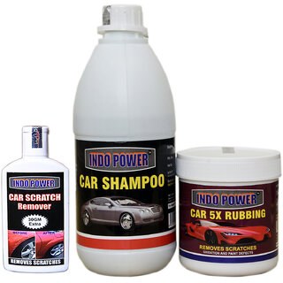                       Indo Power Car Shampoo 500Ml+ Car 5X Rubbing Polish 250Ml+ Scratch Remover 100Gm.                                              