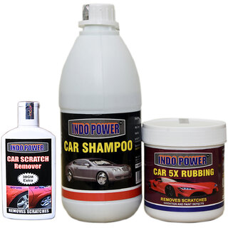 Indo Power Car Shampoo 500Ml+ Car 5X Rubbing Polish 250Ml+ Scratch Remover 100Gm. Indo Power Car Shampoo 500Ml+ Car 5X Rubbing Polish 250Ml+ Scratch Remover 100Gm.