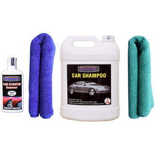                       Indo Power Car Shampoo 5Ltr+ 2 Pc Car Microfiber Cloth (Blue + Green )+ Scratch Remover 100Gm.                                              