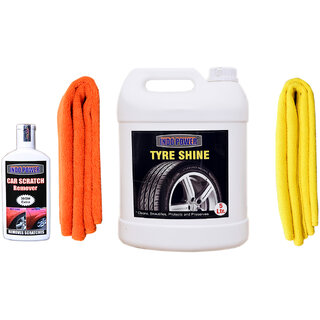                       Indo Power Tyre Shiner 5Ltr + 2Pc Car Microfiber Cloth (Orange + Yellow)+Scratch Remover 100Gm.                                              