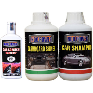                       Indo Power Car Shampoo 250Ml+ Dashboard Shiner 250Ml+ Scratch Remover 100Gm.                                              