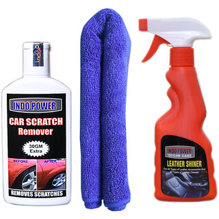 Indo Power Leather Shiner Spray 250Ml + 1Pc Car Microfiber Cloth Blue+ Scratch Remover 100Gm. Indo Power Leather Shiner Spray 250Ml + 1Pc Car Microfiber Cloth Blue+ Scratch Remover 100Gm.