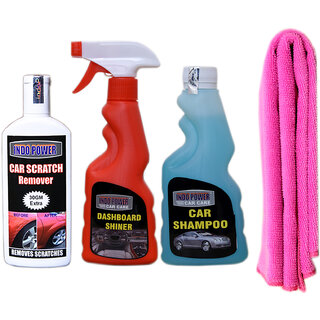                      Indo Power Dashboard Shiner Spray 250Ml+ Car Shampoo 250Ml+1Pc Car Microfiber Cloth  Pink+ Scratch Remover 100Gm.                                              