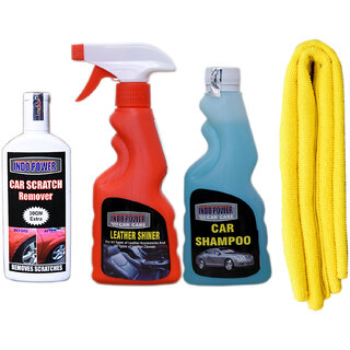                       Indo Power Leather Shiner Spray 250Ml+Car Shampoo 250Ml+1Pc Car Microfiber Cloth  Yellow+ Scratch Remover 100Gm.                                              