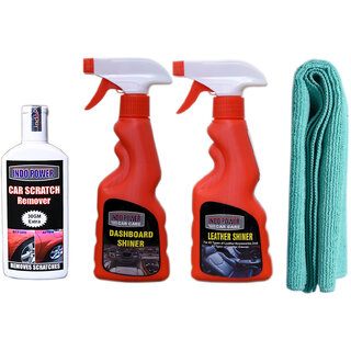                       Indo Power Leather Shiner Spray 250Ml+Dashboard Shiner Spray 250Ml+1Pc Car Microfiber Cloth Green + Scratch Remover 100Gm.                                              