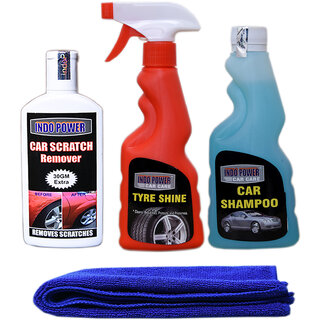                       Indo Power Tyre Shiner Spray 250Ml+Car Shampoo 250Ml+ Scratch Remover 100Gm. Car Microfiber Cloth Blue.                                              