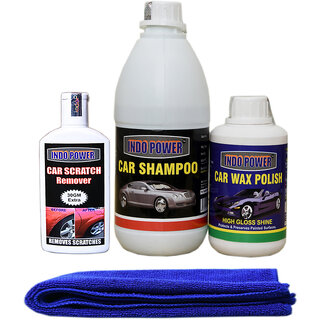                       Indo Power Car Shampoo 500Ml+  Car Wax Polish 250Ml+ Scratch Remover 100Gm. Car Microfiber Cloth Blue.                                              