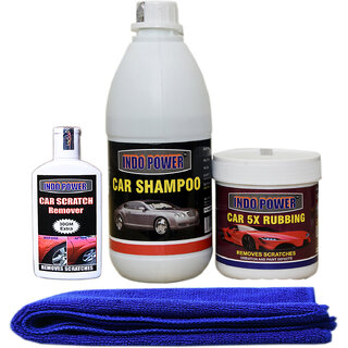                       Indo Power Car Shampoo 500Ml+ Car 5X Rubbing Polish 250Ml+ Scratch Remover 100Gm. Car Microfiber Cloth Blue.                                              