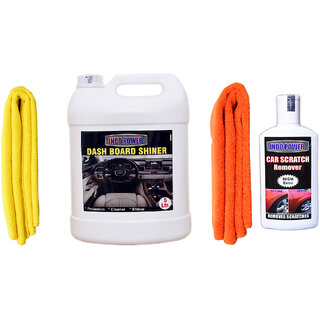                       Indo Power Dashboard Shiner 5Ltr + 2Pc Car Microfiber Cloth ( Yellow + Orange)+  Scratch Remover 200Gm.                                              