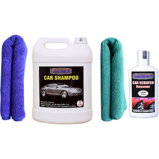                       Indo Power Car Shampoo 5Ltr+ 2 Pc Car Microfiber Cloth (Blue + Green )+  Scratch Remover 200Gm.                                              