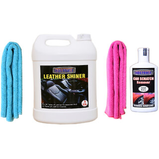 Indo Power Leather Shiner 5Ltr+ 2Pc Car Microfiber Cloth (Sky Blue + Pink)+ Scratch Remover 200Gm. Indo Power Leather Shiner 5Ltr+ 2Pc Car Microfiber Cloth (Sky Blue + Pink)+ Scratch Remover 200Gm.