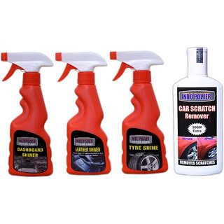 Indo Power Leather Shiner Spray 250Ml+ Dashboard Shiner Spray 250Ml+Tyre Shiner Spray 250Ml+ Scratch Remover 200Gm. Indo Power Leather Shiner Spray 250Ml+ Dashboard Shiner Spray 250Ml+Tyre Shiner Spray 250Ml+ Scratch Remover 200Gm.