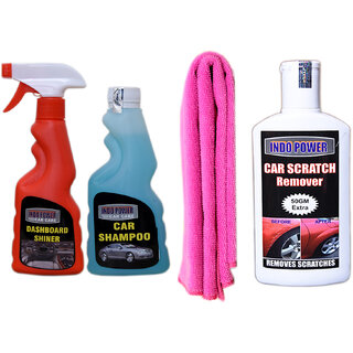 Indo Power Dashboard Shiner Spray 250Ml+ Car Shampoo 250Ml+1Pc Car Microfiber Cloth Pink+ Scratch Remover 200Gm. Indo Power Dashboard Shiner Spray 250Ml+ Car Shampoo 250Ml+1Pc Car Microfiber Cloth Pink+ Scratch Remover 200Gm.