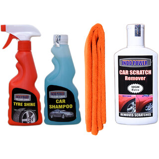 Indo Power Tyre Shiner Spray 250Ml+Car Shampoo 250Ml+ 1Pc Car Microfiber Cloth Orange+  Scratch Remover 200Gm.