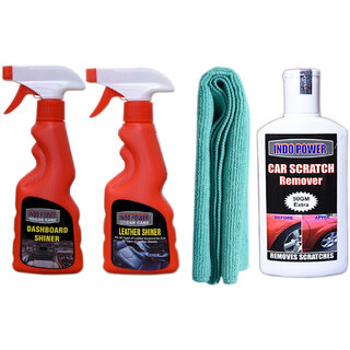                       Indo Power Leather Shiner Spray 250Ml+Dashboard Shiner Spray 250Ml+1Pc Car Microfiber Cloth Green +  Scratch Remover 200Gm.                                              