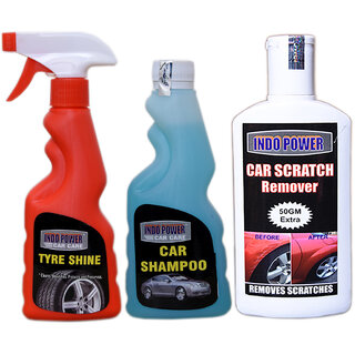                       Indo Power Tyre Shiner Spray 250Ml+Car Shampoo 250Ml+  Scratch Remover 200Gm.                                              
