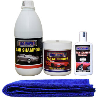                       Indo Power Car Shampoo 500Ml+ Car 5X Rubbing Polish 250Ml+ Scratch Remover 200Gm . Car Microfiber Cloth Blue.                                              