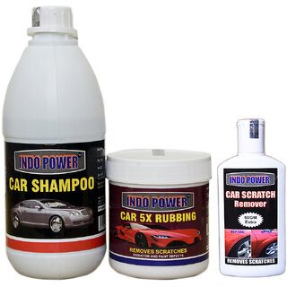                       Indo Power Car Shampoo 500Ml+ Car 5X Rubbing Polish 250Ml+  Scratch Remover 200Gm.                                              