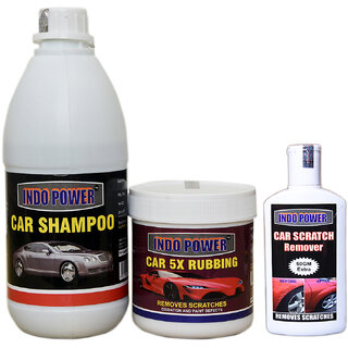 Indo Power Car Shampoo 500Ml+ Car 5X Rubbing Polish 250Ml+ Scratch Remover 200Gm. Indo Power Car Shampoo 500Ml+ Car 5X Rubbing Polish 250Ml+ Scratch Remover 200Gm.