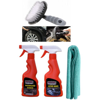 Indo Power Leather Shiner Spray 250Ml.+ Dashboard Shiner Spray 250Ml.+ 1Pc Car Microfiber Cloth+All Tyre Cleaning Brush Indo Power Leather Shiner Spray 250Ml.+ Dashboard Shiner Spray 250Ml.+ 1Pc Car Microfiber Cloth+All Tyre Cleaning Brush
