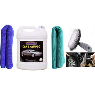                       Indo Power Car Shampoo 5Ltr. + 2 Pc Car Microfiber Cloth+All Tyre Cleaning Brush                                              