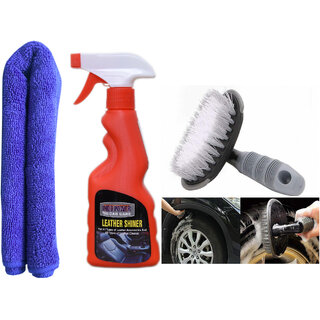 Indo Power Leather Shiner Spray 250Ml.+ 1Pc Car Microfiber Cloth +All Tyre Cleaning Brush Indo Power Leather Shiner Spray 250Ml.+ 1Pc Car Microfiber Cloth +All Tyre Cleaning Brush