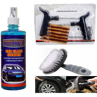                       Indo Power Car Glass Cleaner 500Ml+ Tubelass Smart Panchar Kit.+All Tyre Cleaning Brush                                              