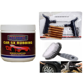 Indo Power Car 5X Rubbing 500Gm+ Tubelass Smart Panchar Kit.+All Tyre Cleaning Brush Indo Power Car 5X Rubbing 500Gm+ Tubelass Smart Panchar Kit.+All Tyre Cleaning Brush