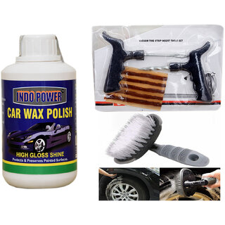                       Indo Power Car Wax Polish 250Gm+ Tubelass Smart Panchar Kit. +All Tyre Cleaning Brush                                              