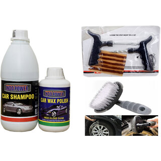 Indo Power Car Shampoo 500Ml+ Car Wax Polish 250Ml+ Tubelass Smart Panchar Kit.+All Tyre Cleaning Brush Indo Power Car Shampoo 500Ml+ Car Wax Polish 250Ml+ Tubelass Smart Panchar Kit.+All Tyre Cleaning Brush