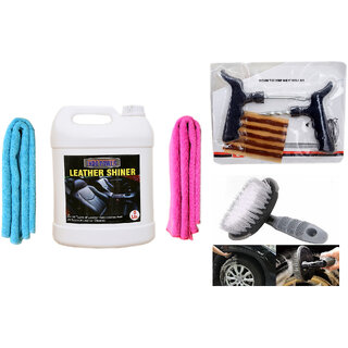 Indo Power Leather Shiner 5Ltr+2Pc Car Microfiber Cloth + Tubelass Smart Panchar Kit.+All Tyre Cleaning Brush Indo Power Leather Shiner 5Ltr+2Pc Car Microfiber Cloth + Tubelass Smart Panchar Kit.+All Tyre Cleaning Brush