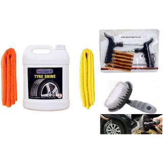                       Indo Power Tyre Shiner 5Ltr+2Pc Car Microfiber Cloth + Tubelass Smart Panchar Kit.+All Tyre Cleaning Brush                                              