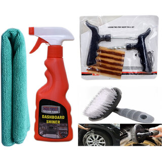                       Indo Power Dashboard Shiner Spray 250Ml+ 1Pc Car Microfiber Cloth + Tubelass Smart Panchar Kit.+All Tyre Cleaning Brush                                              