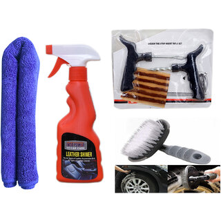 Indo Power Leather Shiner Spray 250Ml+ 1Pc Car Microfiber Cloth + Tubelass Smart Panchar Kit.+All Tyre Cleaning Brush Indo Power Leather Shiner Spray 250Ml+ 1Pc Car Microfiber Cloth + Tubelass Smart Panchar Kit.+All Tyre Cleaning Brush