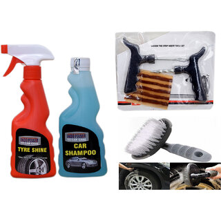                       Indo Power Tyre Shiner Spray 250Ml+ Car Shampoo 250Ml+ Tubelass Smart Panchar Kit.+All Tyre Cleaning Brush                                              