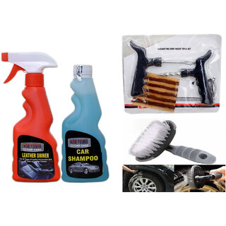 Indo Power Leather Shiner Spray 250Ml+ Car Shampoo 250Ml+ Tubelass Smart Panchar Kit.+All Tyre Cleaning Brush Indo Power Leather Shiner Spray 250Ml+ Car Shampoo 250Ml+ Tubelass Smart Panchar Kit.+All Tyre Cleaning Brush