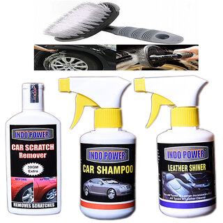                      Indo Power Leather Shiner Gun 250Ml.+Scratch Remover 100Gm.+ Car Shampoo Gun 250Ml.+All Tyre Cleaning Brush                                              