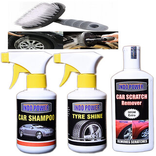                       Indo Power Car Shampoo Gun 250Ml.+Tyre Shiner Gun 250Ml.+Car Scratch Remover 200Gm.+All Tyre Cleaning Brush                                              
