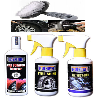                       Indo Power Tyre Shiner Gun 250Ml.+Scratch Remover 100Gm.+ Leather Shiner Gun 250Ml.+All Tyre Cleaning Brush                                              