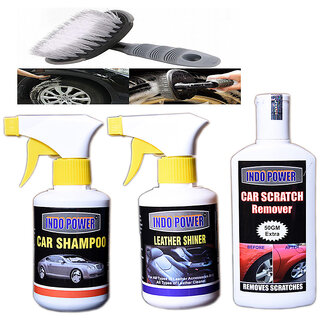                       Indo Power Car Shampoo Gun 250Ml.+Leather Shiner Gun 250Ml.+Car Scratch Remover 200Gm.+All Tyre Cleaning Brush                                              