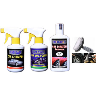                       Indo Power Car Shampoo Gun 250Ml.+Scratch Remover 200Gm.+Car Wax Polish Gun 250Ml.+All Tyre Cleaning Brush                                              