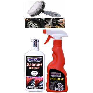 Indo Power Tyre Shiner Spray 250Ml+ Scratch Remover 100Gm.+All Tyre Cleaning Brush Indo Power Tyre Shiner Spray 250Ml+ Scratch Remover 100Gm.+All Tyre Cleaning Brush