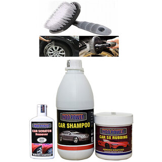                       Indo Power Car Shampoo 500Ml+ Car 5X Rubbing Polish 250Ml+ Scratch Remover 100Gm. +All Tyre Cleaning Brush                                              