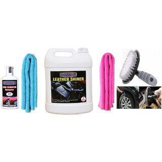Indo Power Leather Shiner 5Ltr+ 2Pc Car Microfiber Cloth + Scratch Remover 100Gm. +All Tyre Cleaning Brush Indo Power Leather Shiner 5Ltr+ 2Pc Car Microfiber Cloth + Scratch Remover 100Gm. +All Tyre Cleaning Brush