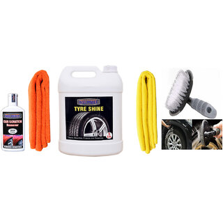                      Indo Power Tyre Shiner 5Ltr + 2Pc Car Microfiber Cloth+Scratch Remover 100Gm. +All Tyre Cleaning Brush                                              