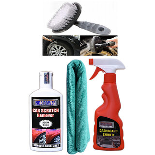 Indo Power Dashboard Shiner Spray 250Ml+ 1Pc Car Microfiber Cloth+ Scratch Remover 100Gm. +All Tyre Cleaning Brush Indo Power Dashboard Shiner Spray 250Ml+ 1Pc Car Microfiber Cloth+ Scratch Remover 100Gm. +All Tyre Cleaning Brush