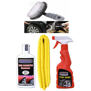                       Indo Power Tyre  Shiner Spray 250Ml + 1Pc Car Microfiber Cloth + Scratch Remover 100Gm+All Tyre Cleaning Brush.                                              