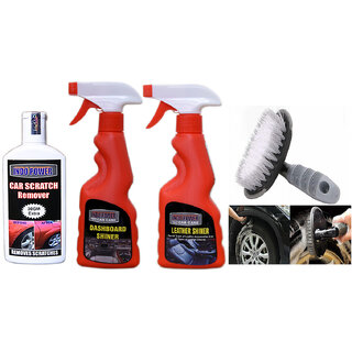                       Indo Power Leather Shiner Spray 250Ml+ Dashboard Shiner Spray 250Ml+ Scratch Remover 100Gm. +All Tyre Cleaning Brush                                              