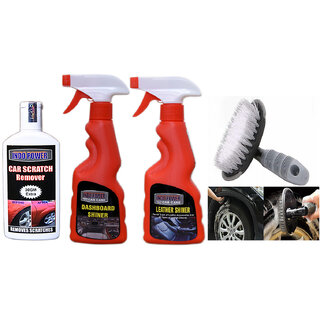 Indo Power Leather Shiner Spray 250Ml+ Dashboard Shiner Spray 250Ml+ Scratch Remover 100Gm. +All Tyre Cleaning Brush Indo Power Leather Shiner Spray 250Ml+ Dashboard Shiner Spray 250Ml+ Scratch Remover 100Gm. +All Tyre Cleaning Brush